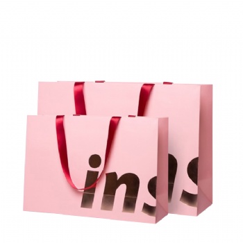 Wholesale Customized logo pink shopping luxury paper bag with ribbon handle