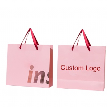 Wholesale Customized logo pink shopping luxury paper bag with ribbon handle