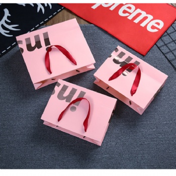 Wholesale Customized logo pink shopping luxury paper bag with ribbon handle