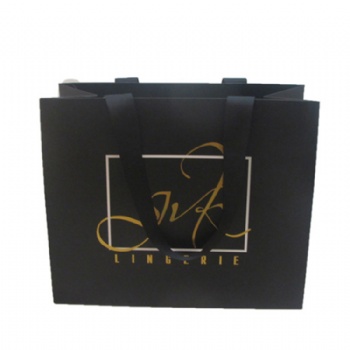 High Quality Ribbon Handles Luxury Custom Shopping Black Paper Bag With Logo