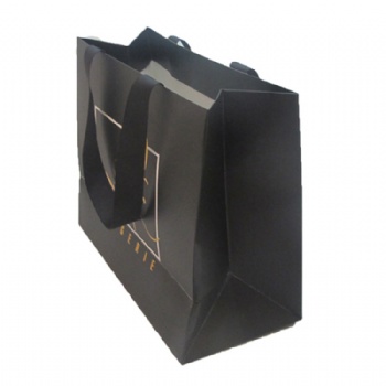 High Quality Ribbon Handles Luxury Custom Shopping Black Paper Bag With Logo